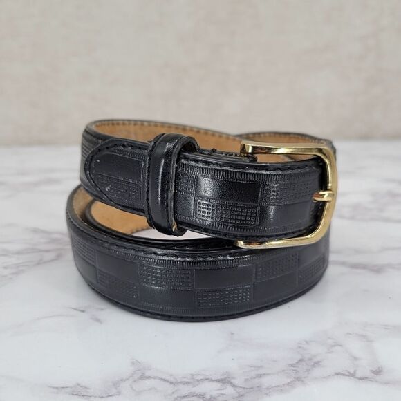 Men's Genuine Leather Black Checker Pattern Belt Brass Buckle Size 40 - Picture 1 of 11